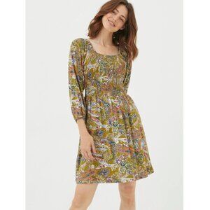 FATFACE SZ 10R  Adeline Green Paisley Stretch Jersey Dress Smocked & Gathered